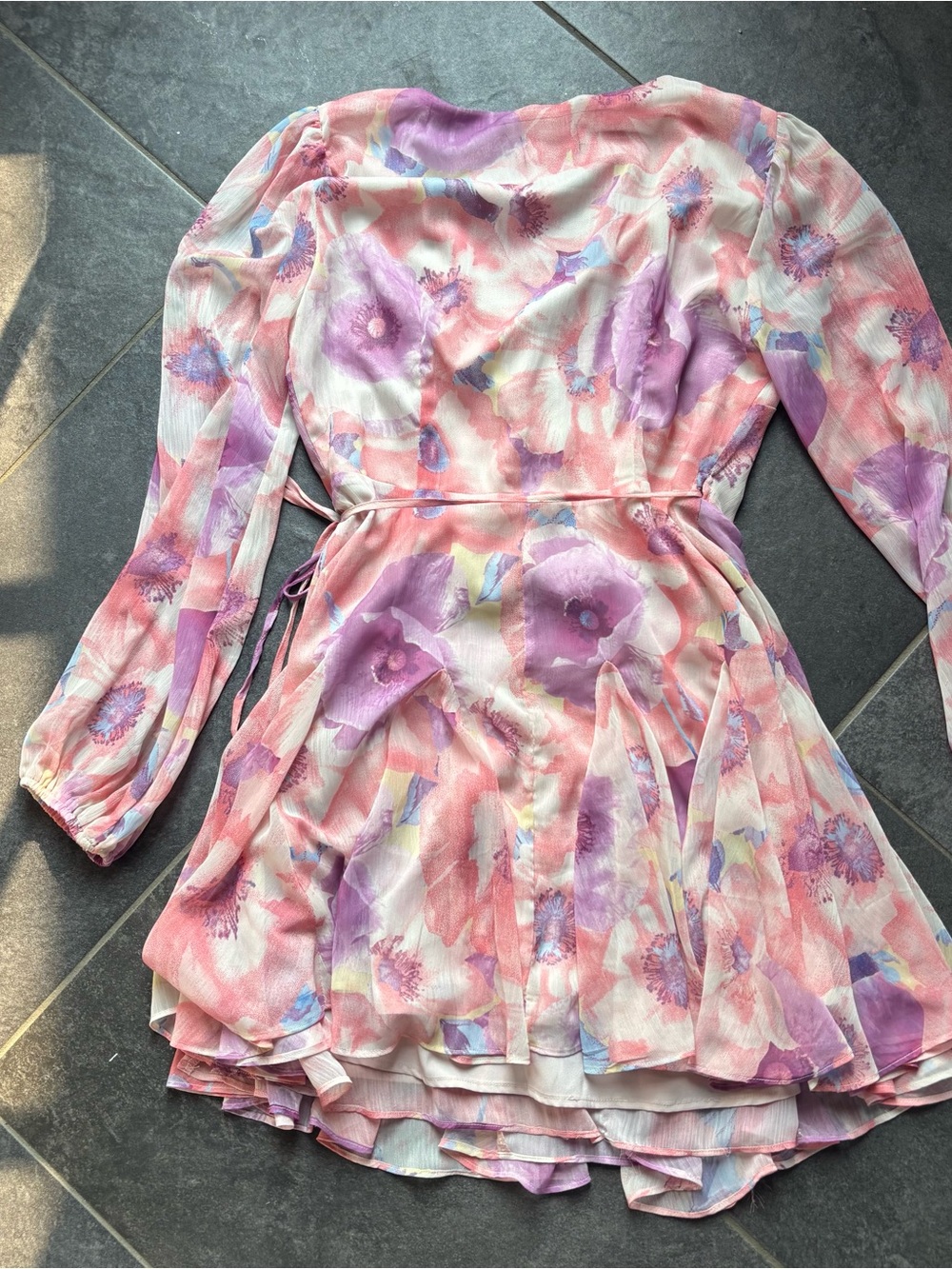 Vici Pink purple Floral Sheer Wrap Dress long sleeve M flowy hem feminine dainty - Picture 9 of 9